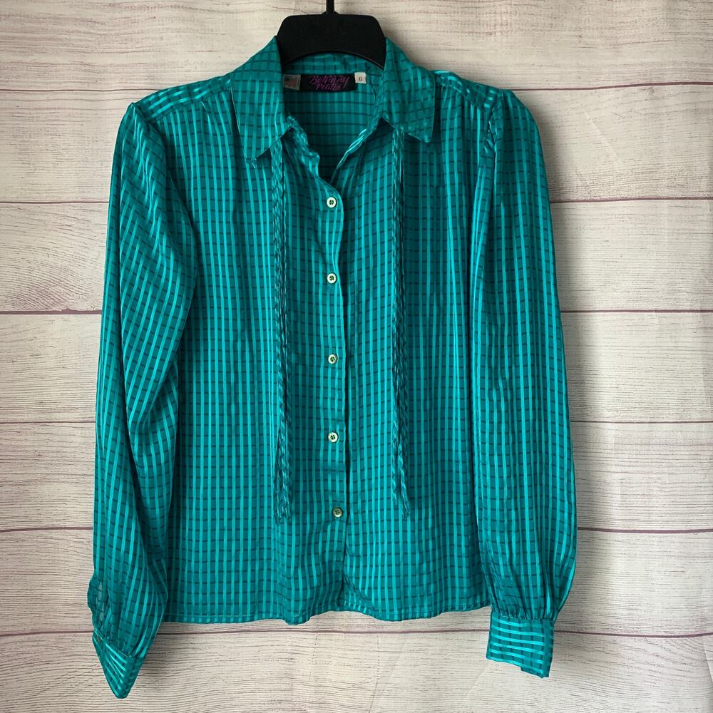 Vintage Bethany Petites Teal Plaid Blouse Sheer Tie Neck Button Up Size 6
